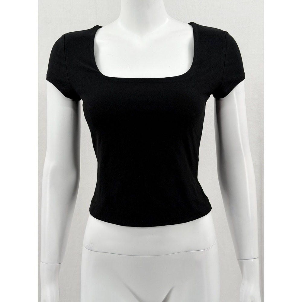 Planet Gold Top Womens Medium Black Cropped Square Neck Fitted Stretch Y2K Party